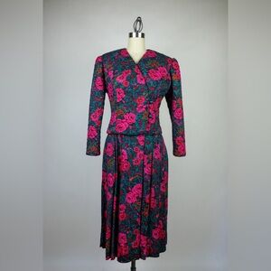 1980s Petite Lanz Pink Floral Quilted Skirt Suit